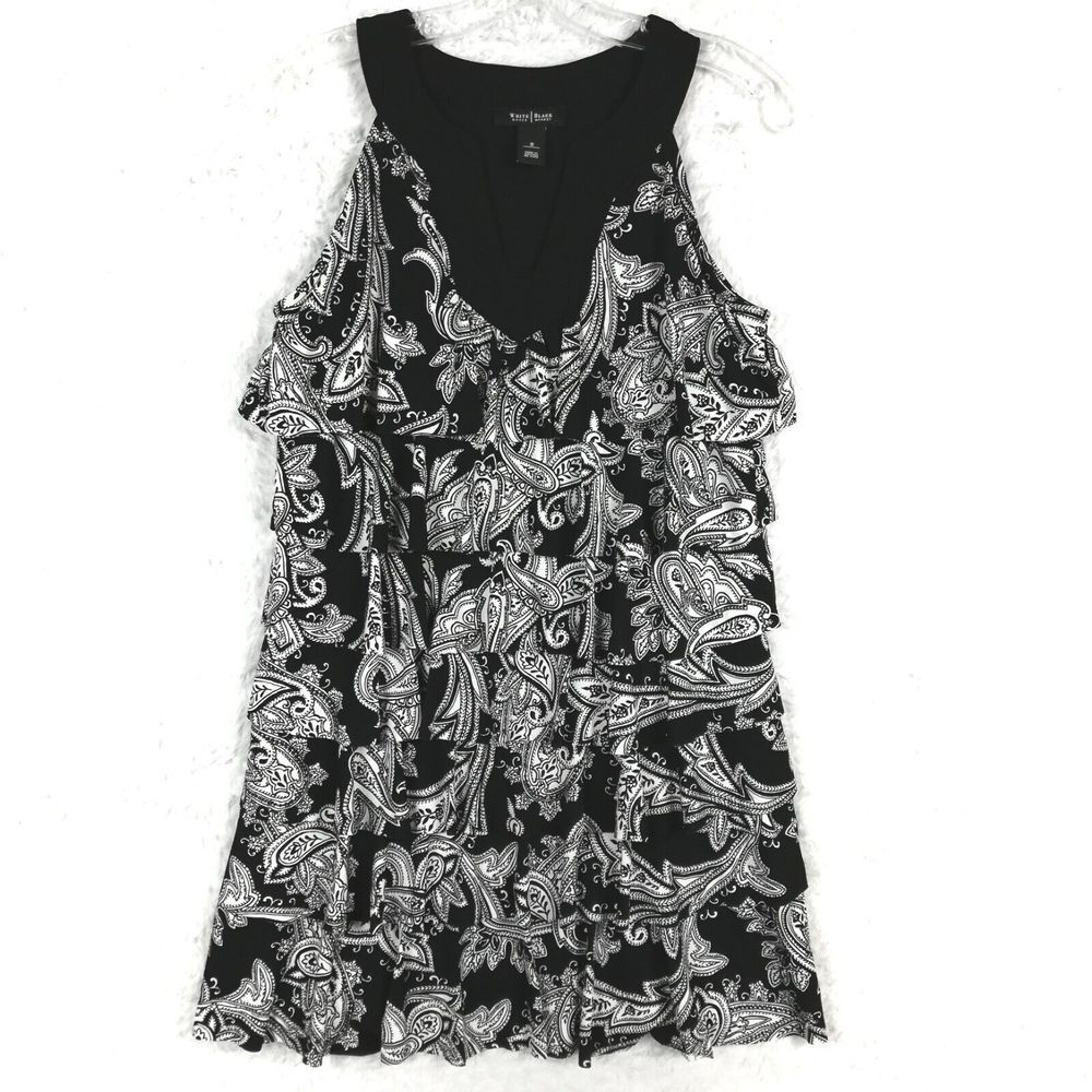 White House Black Market Womens Dress Tiered Above‎ Knee Black White Floral S